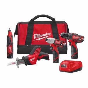 lot 105 image: Milwaukee M12 12-Volt Lithium-Ion Cordless Combo Tool Kit (4-Tool) with (3) 1.5Ah Batteries, (1) Charger, (1) Tool Bag