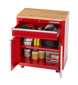 lot 210 image: Husky Ready-to-Assemble 24-Gauge Steel 1-Drawer 2-Door Garage Base Cabinet in Red (28 in. W x 33 in. H x 18 in. D)