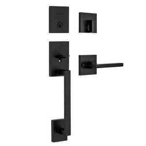 lot 8450 image: Kwikset San Clemente Matte Black Single Cylinder Low Profile Door Handleset with Halifax Handle Featuring SmartKey Security