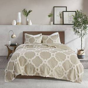 lot 8833 image: Home Essence Leena 3 Piece Tufted Cotton Coverlet Set, FullQueen, Taupe
