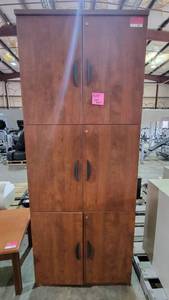 lot 9211 image: Tall Wooden Laminate Storage Cabinet