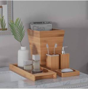 lot 36930 image: Lavish Home Bamboo Bath Accessories-5-Piece Set Natural Wood Tray Lotion Disp...