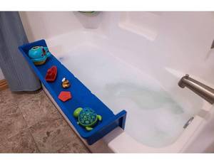 lot 36941 image: Tub Topper Bathtub Splash Guard Play Shelf Area -Toy Tray Caddy Holder Storage -Suction Cups Attach to Bath Tub -No Mess Water Spill in Bathroom -Fun for Toddlers Kids Baby