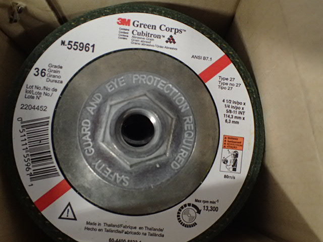 lot 7047 image: 3M 4 12 X 14 X 58 - 36 Grit Ceramic Green Corps� Cubitron� Bonded Type 27 Depressed Center Grinding Wheel