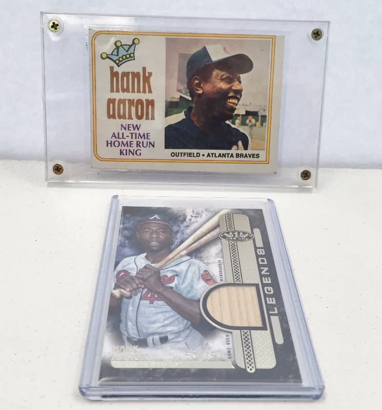 lot 1004 image: Hank Aaron - Incredible Lot Real Vintage 1973 Topps HR King  Authentic Piece of Game Used Bat Card - True History Here Only 75 Made - Must Have