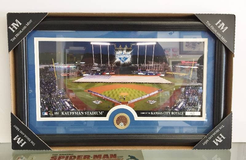 lot 1009 image: Amazing Kansas City Royals Kauffman Stadium Framed - Matted 2015 World Series Photo w Actual Stadium Infield Dirt Encased. Rare #42 Ltd Edt Series