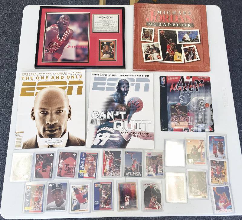 lot 1012 image: The Ultimate Michael Jordan Lot - Loaded with everything including Mint Upper Deck Baseball Rookie Card - Must See Rare figurine - Magazine - Book - Framed Photo 