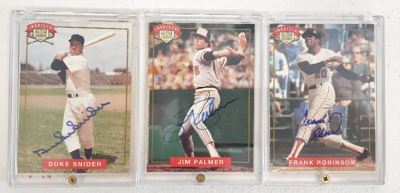 lot 1007 image: Authentic Hall of Famer Autograph Lot - Jim Palmer, Duke Snider, Frank Robinson - All with COA - Very Rare 3 Card Lot