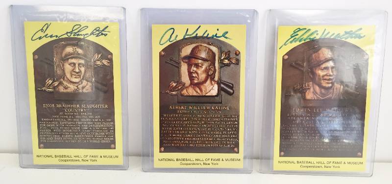 lot 1031 image: Amazingly Rare (3) Hall of Fame Postcard Set - Authentic Autographs - Al Kaline , Eddie Mathews, Enos Slaughter - Incredible Rare Lot