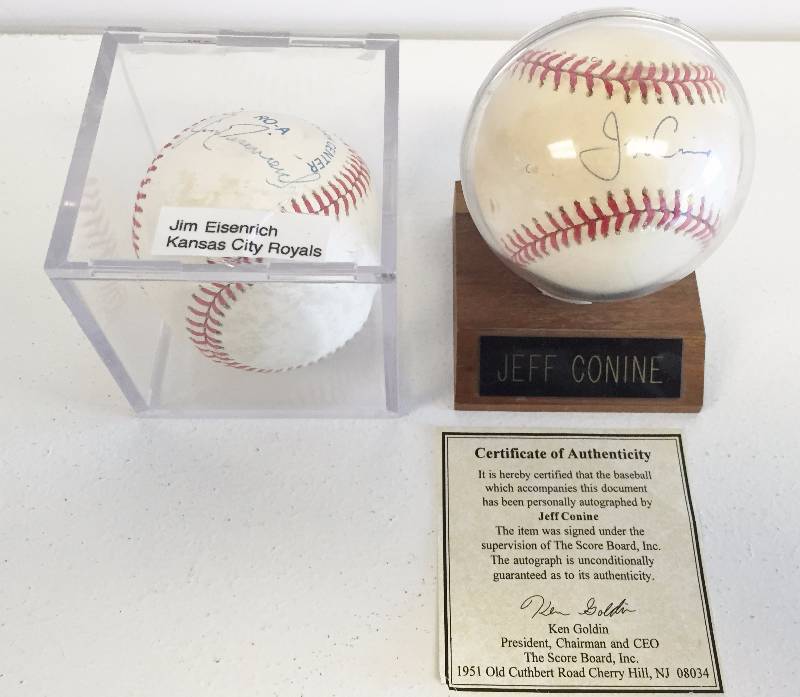 lot 1047 image: Kansas City Royal Fan Favorites Jeff Conine  Jim Eisenreich Authentic Autographed MLB Baseballs w Certificate of Authenticity