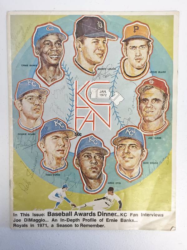 lot 1054 image: 1972 KC Fan Baseball Awards Dinner Program - Our most Unique Legendary Autograph Piece Ever - Ewing Kauffman, Ernie Banks , Brooks Robinson, Joe Torre 