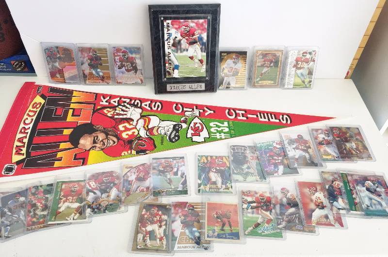 lot 1064 image: Incredible Marcus Allen Kansas City Chiefs Lot - Pennant , Plaque, 30 Awesome Chiefs Cards