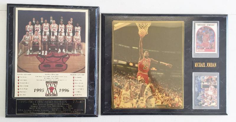 lot 1067 image: (2) Large Michael Jordan Display Plagues  Photo & Card Plaque 12 x 15 12  Bulls Championship Plaque 11 x 13