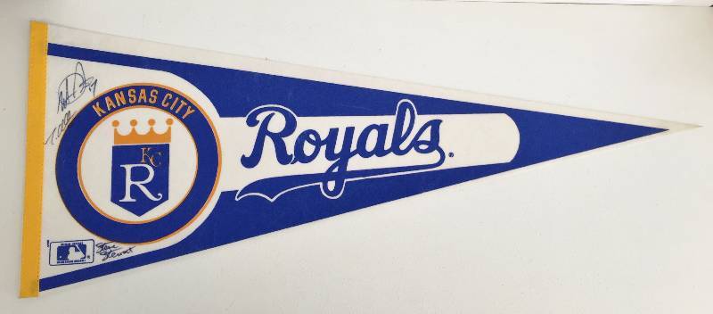 lot 1078 image: Authentic Autographed Vintage KC Royals Pennant - Wade Davis, Todd Collins, Steve Steward Authentic Autographs
