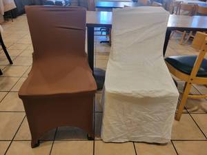 lot 9563 image: Approx 50 Brown and White Chairs Covers