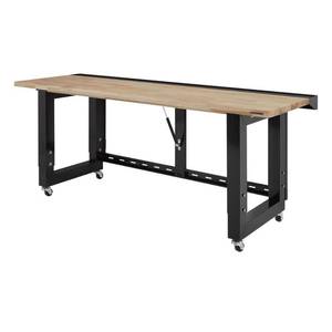 lot 51104 image: Husky 6 ft. Folding Adjustable Height Solid Wood Top Workbench, Black