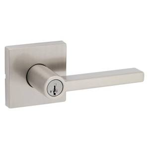 lot 51223 image: Kwikset Halifax Square Satin Nickel Keyed Entry Door Lever Featuring SmartKey Security