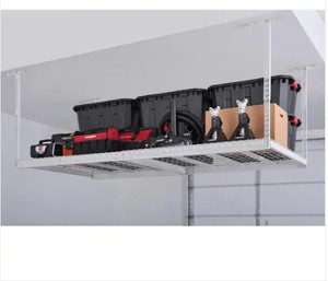 lot 51364 image: 96 in. W x 42 in. H x 48 in. D Overhead Ceiling Mount Storage Rack in White