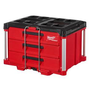 lot 51366 image: Milwaukee PACKOUT 22 in. Modular 3-Drawer Tool Box with Metal Reinforced Corners, Red