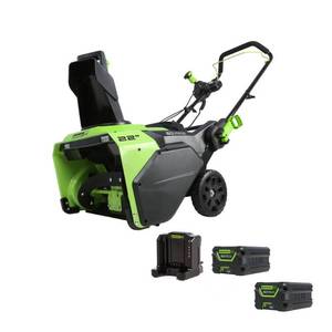 lot 51372 image: Greenworks PRO 22 in. 60-Volt Battery Single-Stage Cordless Snow Blower with (2) 5.0 Ah Batteries and Dual Port Charger