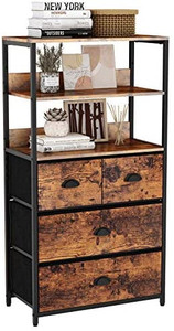 lot 48058 image: Furologee Vertical 4 Drawer Dresser Organizer with 3-tiers wood Shelf,Tall Fabric Storage Tower Unit, Sturdy Metal Frame Furniture,Removable Brown Fabric Bins for bedroom,entryway,office