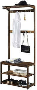 lot 48076 image: SEIRIONE Bamboo Coat Rack Shoe Bench, 5 in 1 Design Hall Tree Entryway Storage Organizer for Mudroom, Hallway, Foyer etc, 10 Double Hooks, 1 Top Shelf, Easy Assembly, Vintage Coat Shoe Rack, Size315126716IN