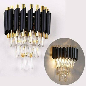 lot 50225 image: Crystal Wall Sconce Light Fixture Modern Black Gold Vanity Elegant Metal Indoor