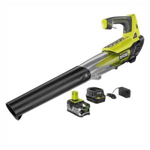 lot 51593 image: RYOBI Reconditioned ONE 18V 100 MPH 280 CFM Cordless Leaf Blower with 4.0 Ah Battery and Charger
