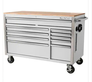 lot 51665 image: Husky 52 in. W x 24.5 in. D Heavy Duty 10-Drawer Mobile Workbench Tool Chest with Solid Wood Top