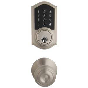 lot 51675 image: Defiant Castle Satin Nickel Electronic Touchpad Single Cylinder Deadbolt with Hartford Knob Combo Pack