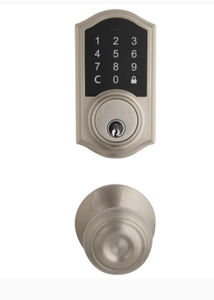 lot 51685 image: Defiant Castle Satin Nickel Electronic Touchpad Single Cylinder Deadbolt with Hartford Knob Combo Pack