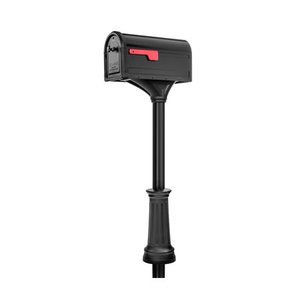 lot 51754 image: Roxbury Post Mount Mailbox Black with Red Flag and Premium Post Combo