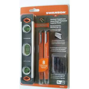 lot 52459 image: Swanson pack of 2 Mechanical Carpenter Pencils with 24 Lead Cartridges and a Magnetic Torpedo Level