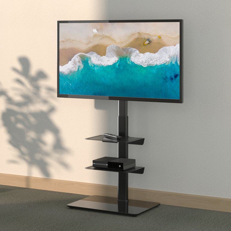 lot 29422 image: YOMT Modern Universal Swivel Floor TV Stand with Mount for 27 to 55 inch TVs Black