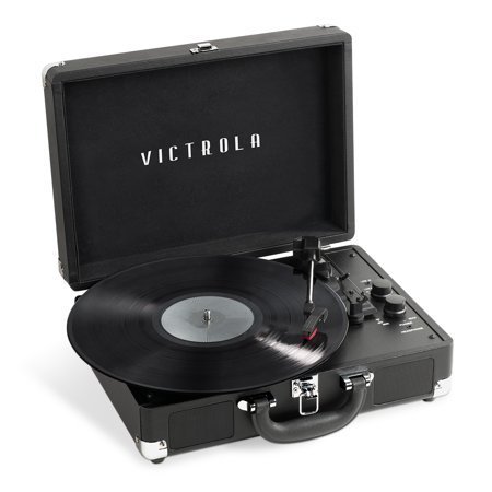 lot 29570 image: Victrola Journey Portable Suitcase Record Player 3-speed Turntable wBuilt-in Bluetooth Speakers  Bonus Needle and Vinyl Cloth (Black)