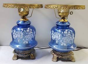 lot 147 image: 2 Blue Flowered Lamps WO Shades, (14.5 x 8)