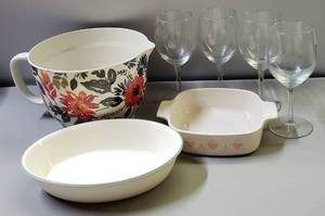 lot 218 image: Kitchen Items, Including Large Handled Mixing Bowl & Wine Glasses