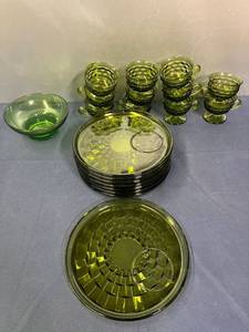 lot 433 image: Classic Green Glass Plates, Cups & Bowl