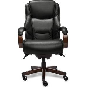 lot 1111 image: La-Z-Boy Delano Big &amp Tall Bonded Leather Executive Chair - Jet BlackMahogany - Retail $421.64