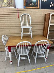 lot 60410 image: white and red wood table with 4 chairs