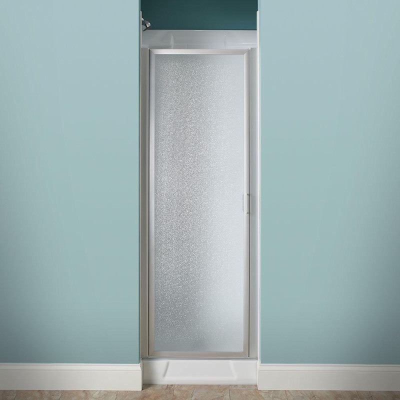 lot 2051 image: 24 in. x 64 in. Framed Pivot Shower Door Kit in Silver with Pebbled Glass