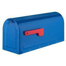 lot 2090 image: Architectural Mailboxes� Blue Post Mount Mailbox with Red Flag. small dent on top