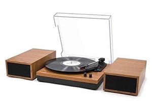 lot 2401 image: LP&No.1 Retro Bluetooth Record Player with Stereo External Speakers, 3-Speed Belt-Drive Turntable for Vinyl Records with Wireless Playback and Auto-Stop, Yellow Wood