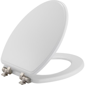 lot 2402 image: BEMIS Weston Slow Close Elongated Closed Front Toilet Seat in White Never Loosens Brushed Nickel Metal Hinge