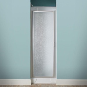 lot 2406 image: 24 in. x 64 in. Framed Pivot Shower Door Kit in Silver with Pebbled Glass