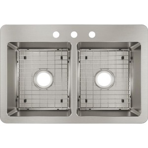 lot 2408 image: Elkay Avenue Drop-inUndermount Stainless Steel 33 in. 5050 Double Bowl Kitchen Sink with Bottom Grid, Silver