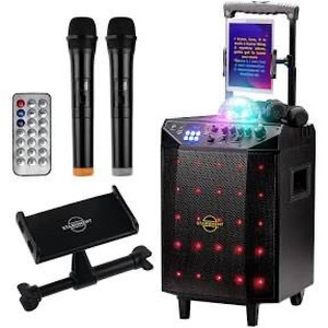 lot 2563 image: Starument Portable Karaoke Machine for Adults & Kids Complete Karaoke System Includes Bluetooth Speakers on Wheels, 2 Bluetooth Microphones, Disco Ball, LED Speaker Light, Cell Phone Stand & USB Aux