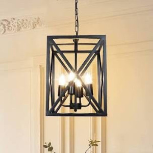 lot 2566 image: Depuley Pendant Light Fixture, 4-Light Black Farmhouse Ceiling Hanging Lantern Lights, Industrial Metal Cage Chandelier Lighting for Dining RoomKitchen IslandEntrywayHallway, E26 Base