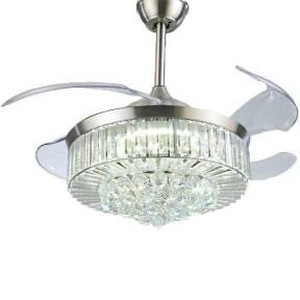 lot 2568 image: Modern Dimmable Fandelier Crystal Ceiling Fan with Lights and Remote Invisible Retractable Chandelier Fan Light LED Lighting-Polished Chrome 42 (Crystal)