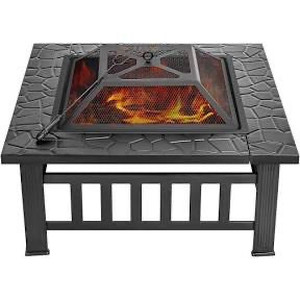 lot 2584 image: VIVOHOME 32 Inch Heavy Duty 3 in 1 Metal Square Patio Firepit Table BBQ Garden Stove with Spark Screen Cover Log Grate and Poker for Outside Wood Burning and Drink Cooling